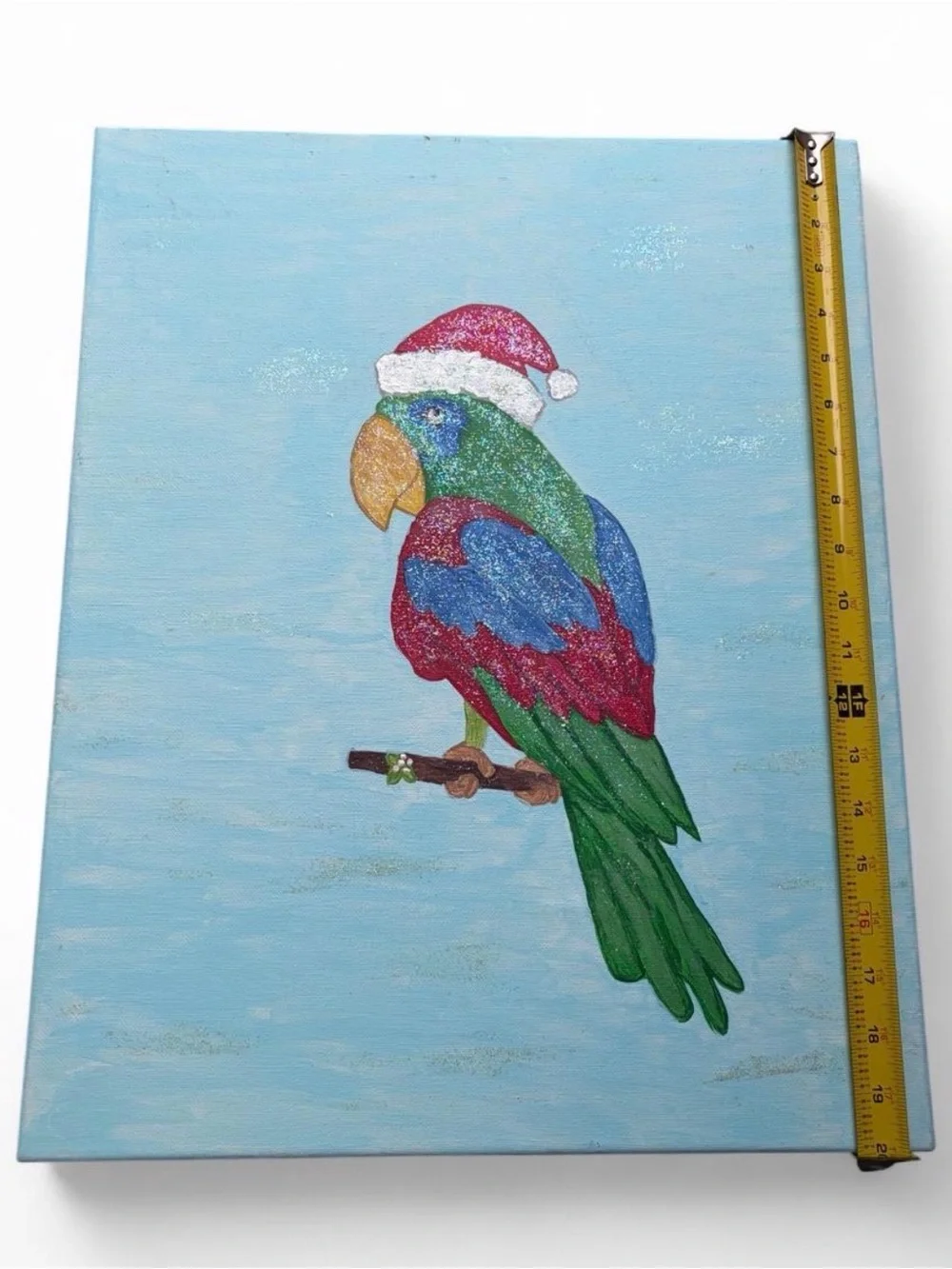 Festive Green Parrot Perch Art Print - Green Red Blue Bird Accent